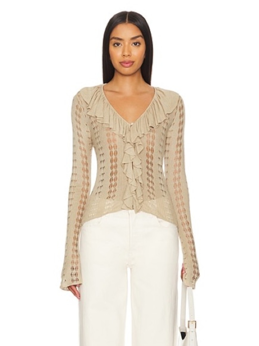 WeWoreWhat Pointelle Ruffle Knit Cardigan in Safari Size M Boho Cottage Coquette